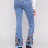 Flare Leg Stretch Denim Pants with Colorful Embroidery on Sides and Hem