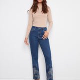 Metallic Thread Embroidered Hem Straight Leg Stretch Denim Pants