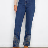 Metallic Thread Embroidered Hem Straight Leg Stretch Denim Pants