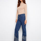 Metallic Thread Embroidered Hem Straight Leg Stretch Denim Pants