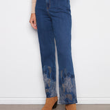 Metallic Thread Embroidered Hem Straight Leg Stretch Denim Pants