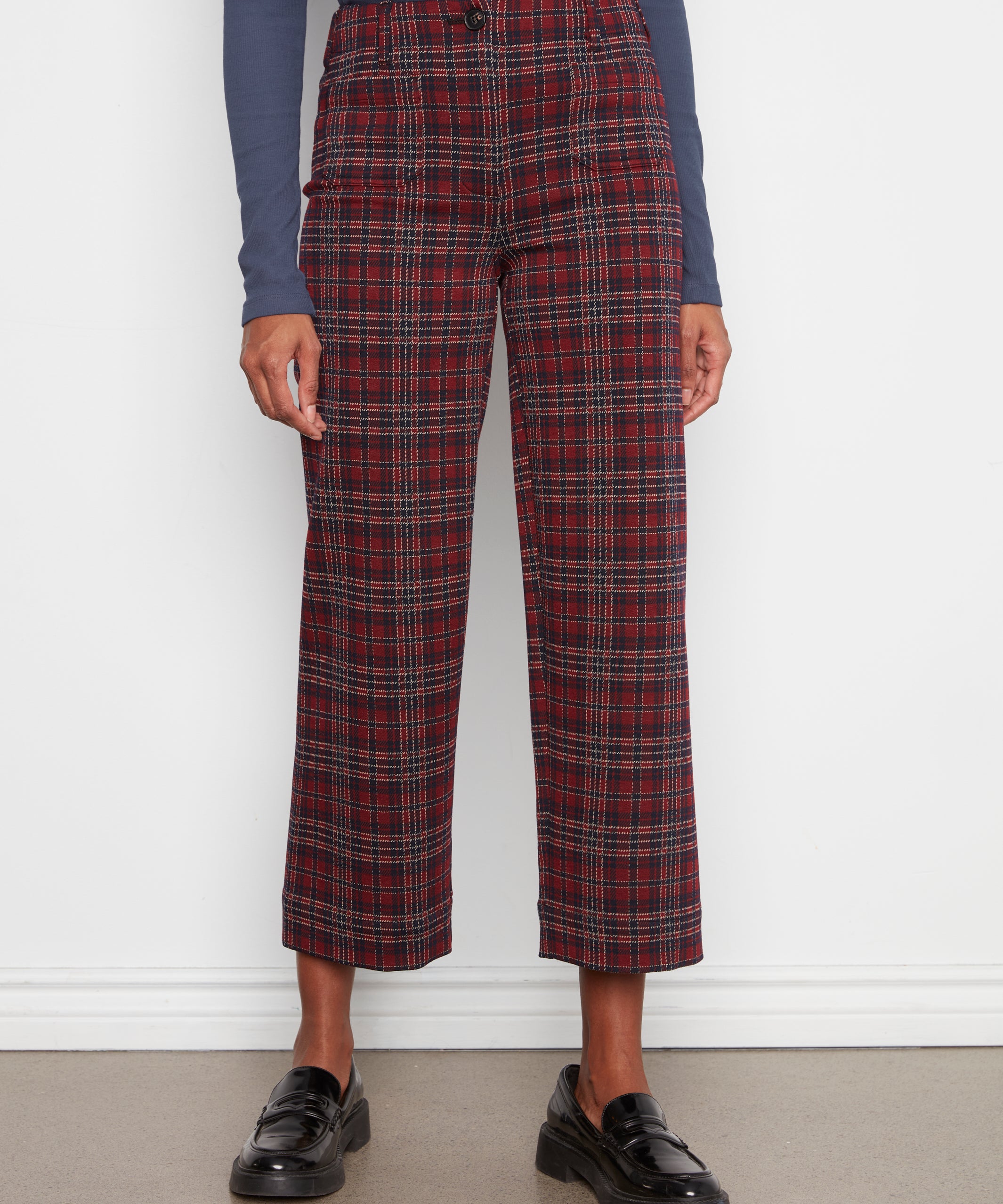 Plaid Patch Pocket Wide Leg Ponte Pants
