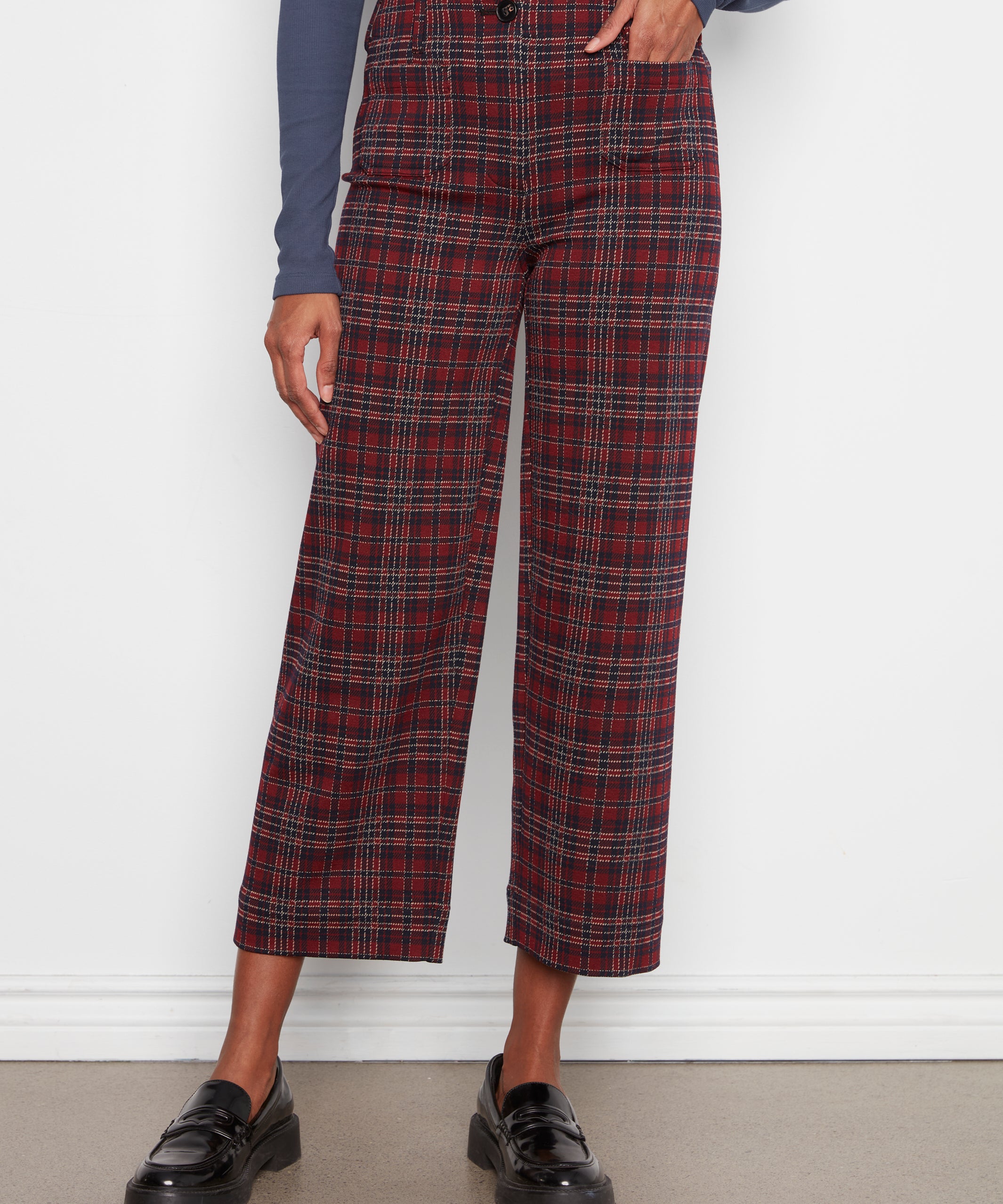 Plaid Patch Pocket Wide Leg Ponte Pants