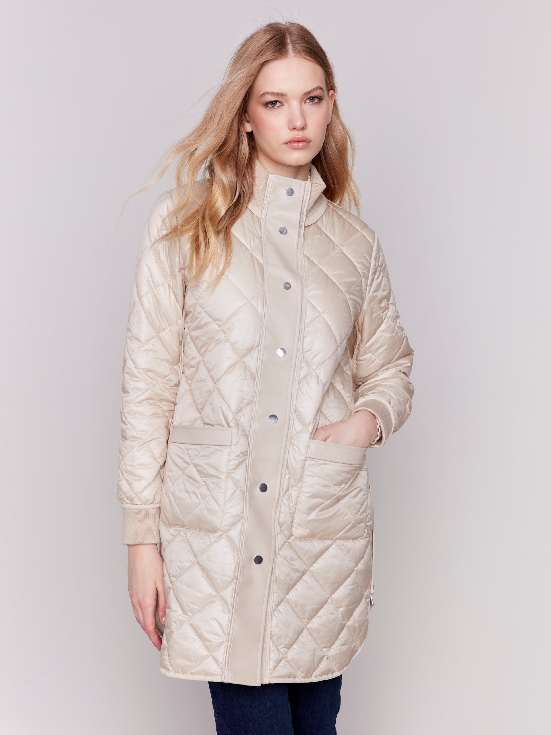 Iridescent Long Reversible Quilted Puffer Jacket, Zipper-Front And Pocket