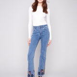 Flare Leg Stretch Denim Pants with Colorful Embroidery on Sides and Hem