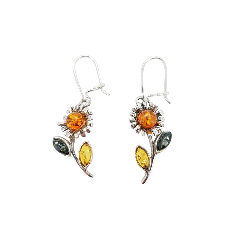 Multi-Color Amber Sterling Silver Flower Earrings On Hooks