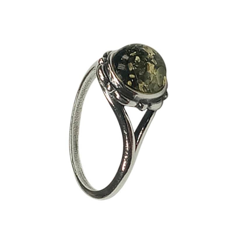 Green Amber Sterling Silver "Flower" Ring - Sugar River Shoppe