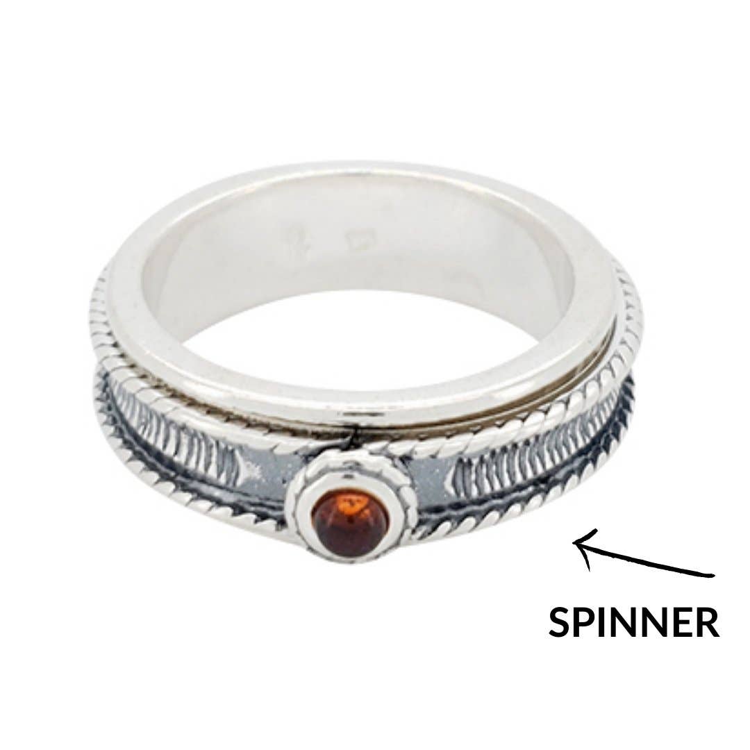 Cognac Amber Spinner Silver Ring - Sugar River Shoppe