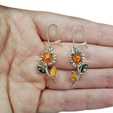 Multi-Color Amber Sterling Silver Flower Earrings On Hooks - Sugar River Shoppe