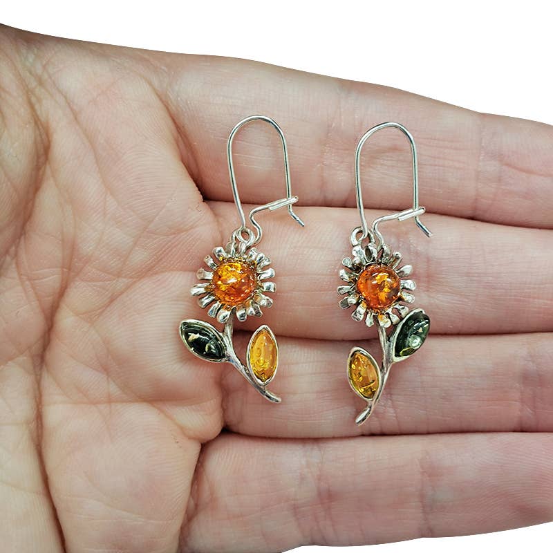 Multi-Color Amber Sterling Silver Flower Earrings On Hooks - Sugar River Shoppe
