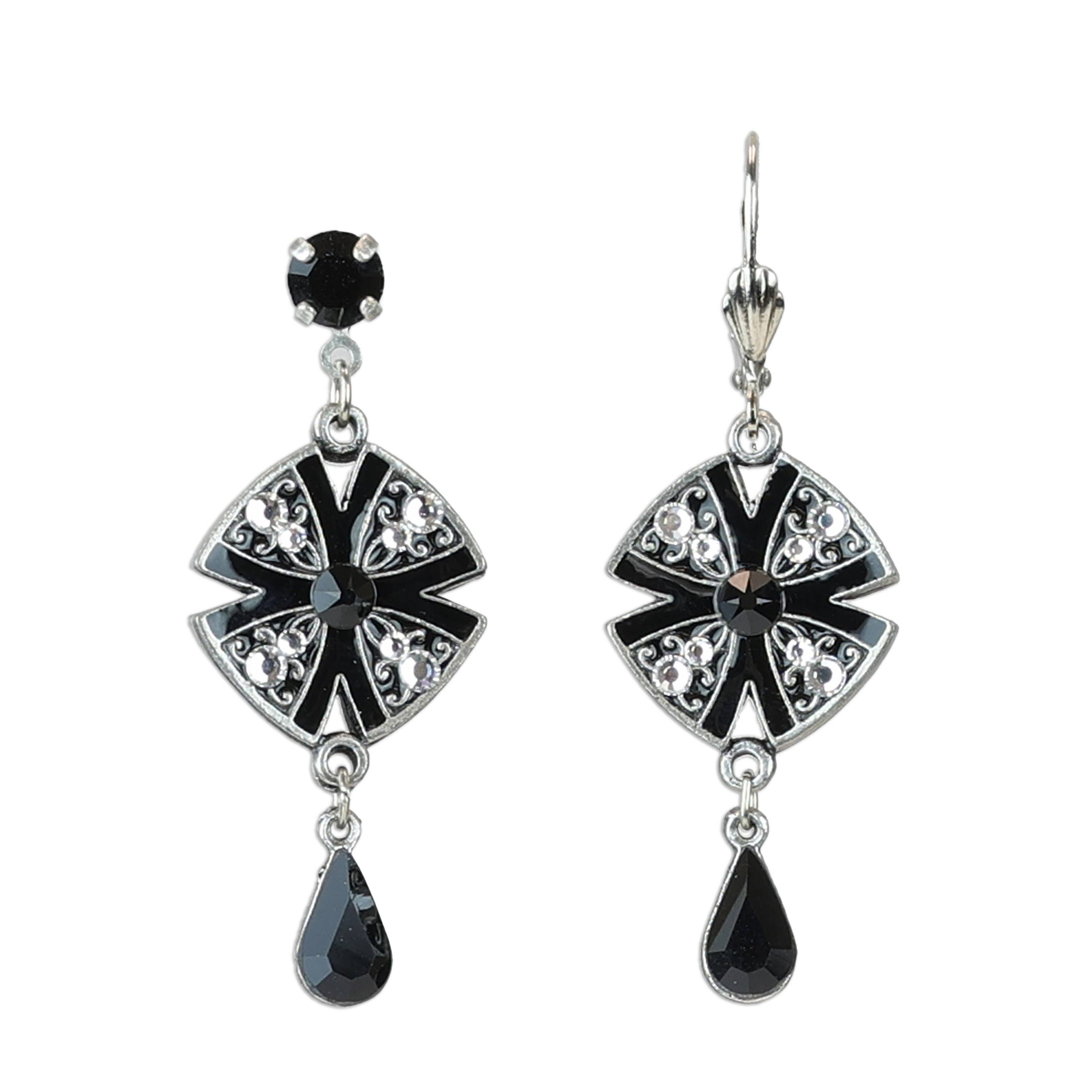Art Deco Black and Crystal Teardrop Earrings: Leverback - Sugar River Shoppe