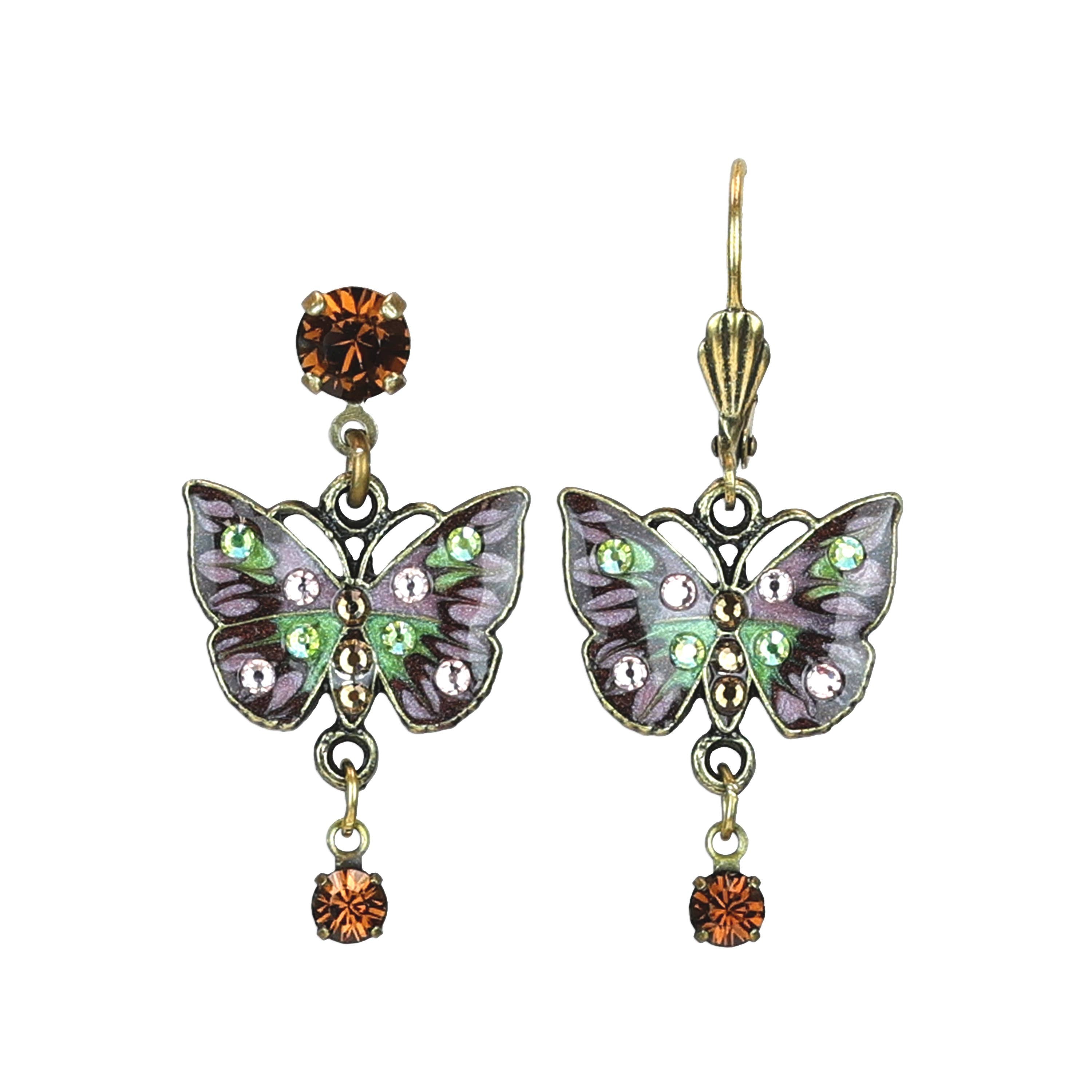 Lovely Rose Green and Brown Butterfly Crystal Drop Earrings: Leverback - Sugar River Shoppe