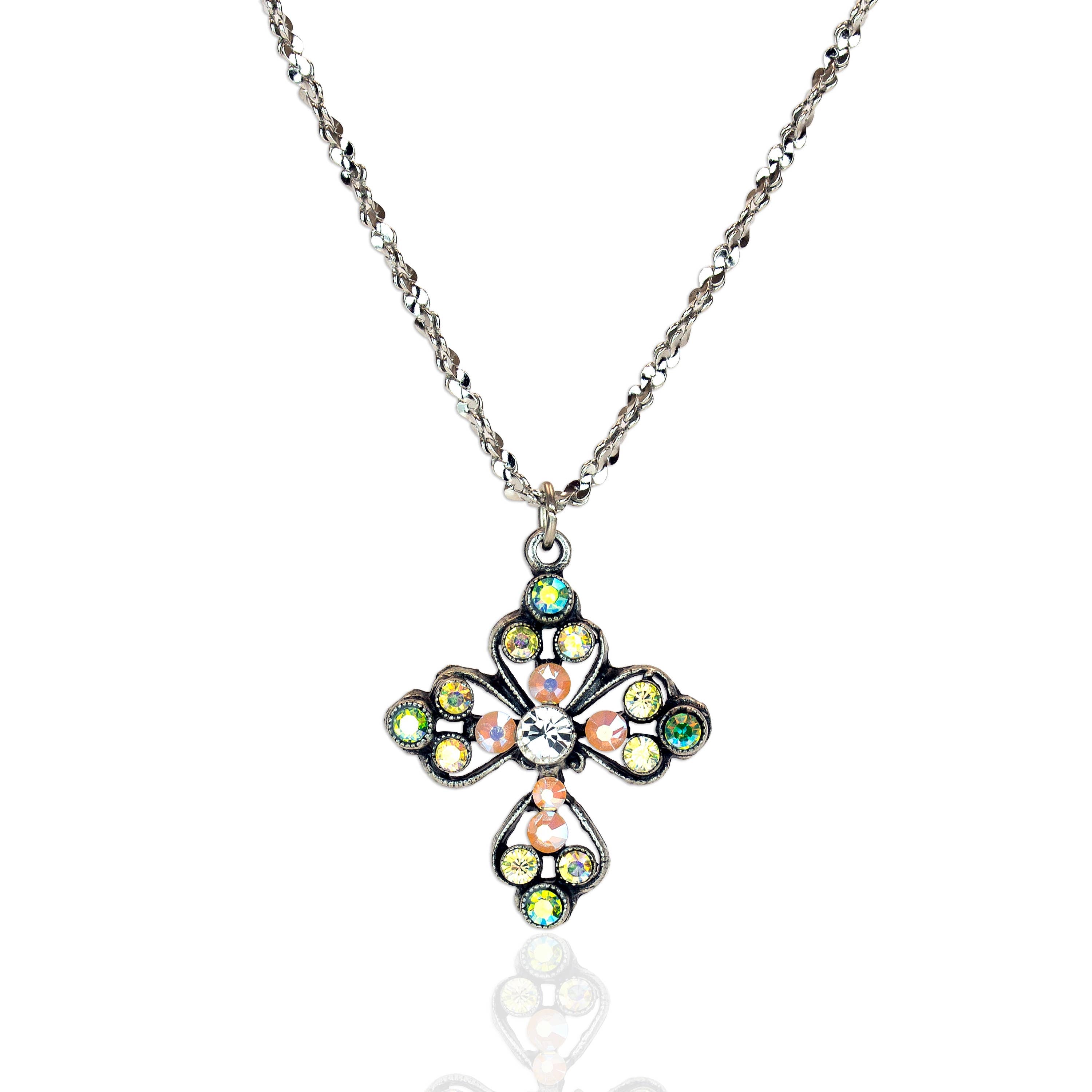Yellow and Pink Pastel Iridescent Crystal Cross Necklace - Sugar River Shoppe