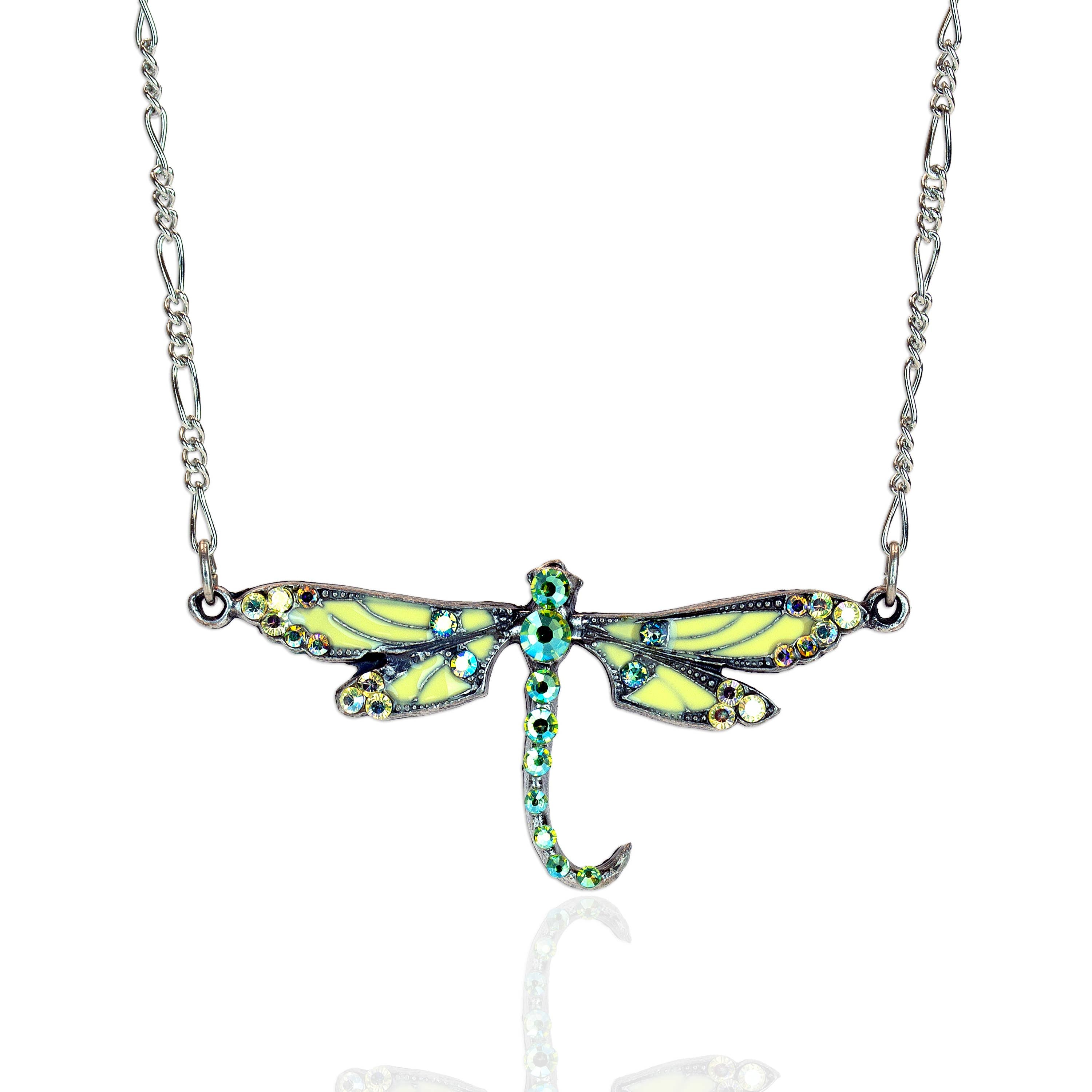 Yellow Iridescent Curved Tail Crystal Dragonfly Necklace - Sugar River Shoppe