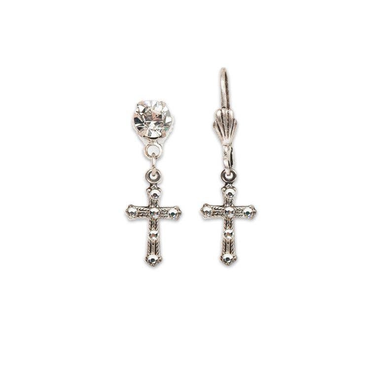 Isabella Silver Small Crystal Cross Earrings: Leverback