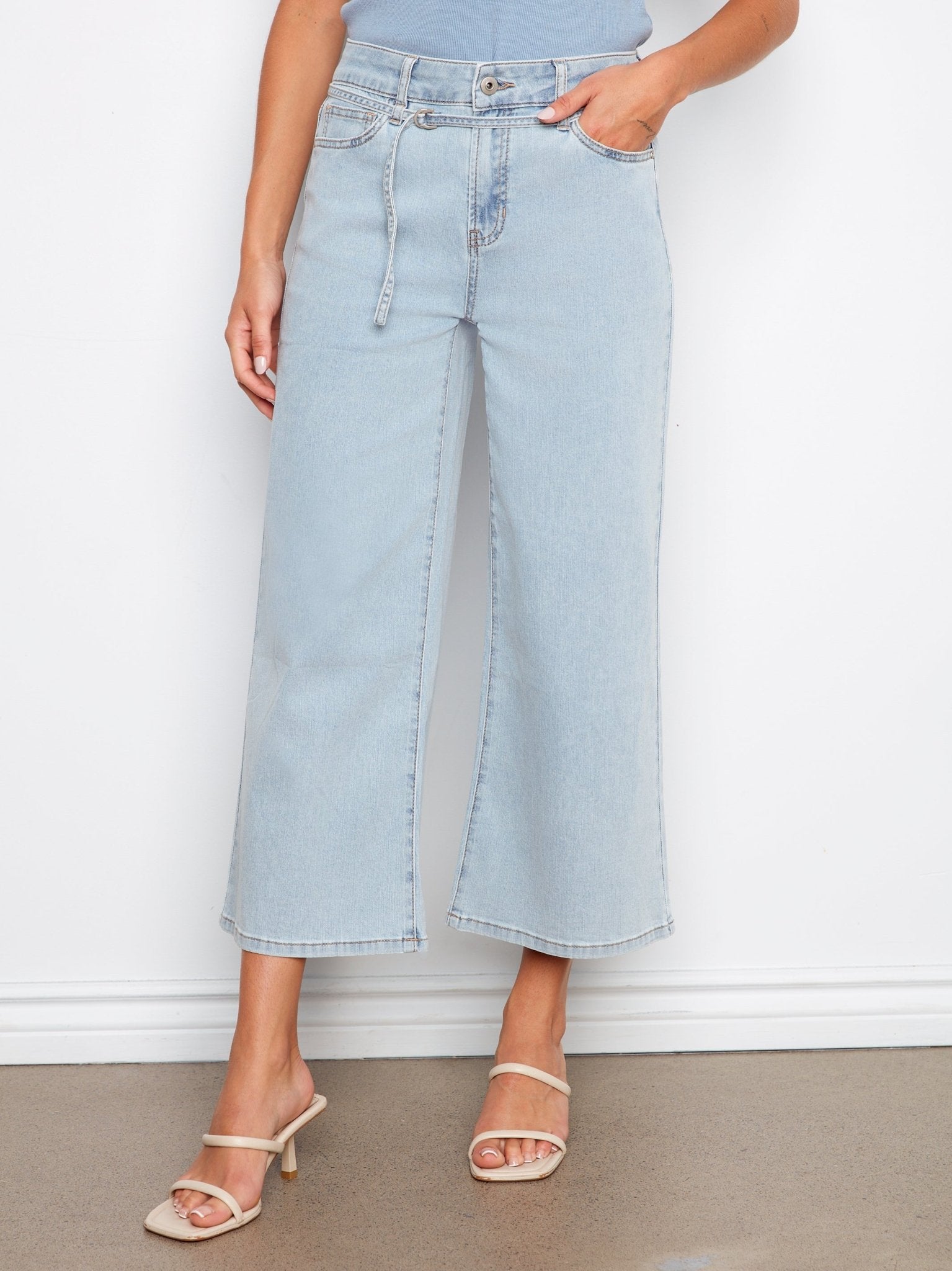 Belted Cropped Wide Leg Jeans - Bleach Blue - Charlie B - 690178765759 - Sugar River Shoppe - 