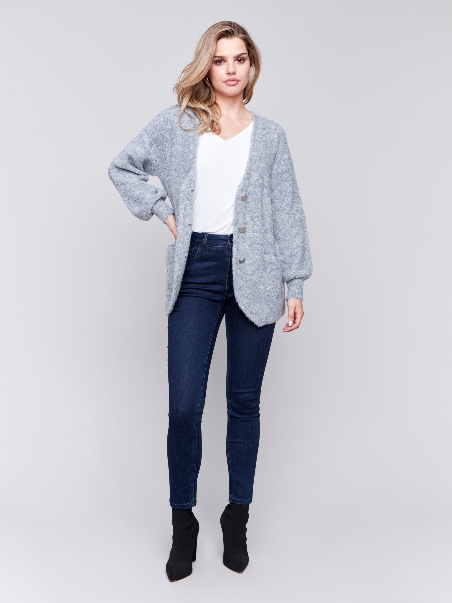 Boucle Knit Long Cardigan With Front Button - Charlie B - 690178548406 - Sugar River Shoppe - 