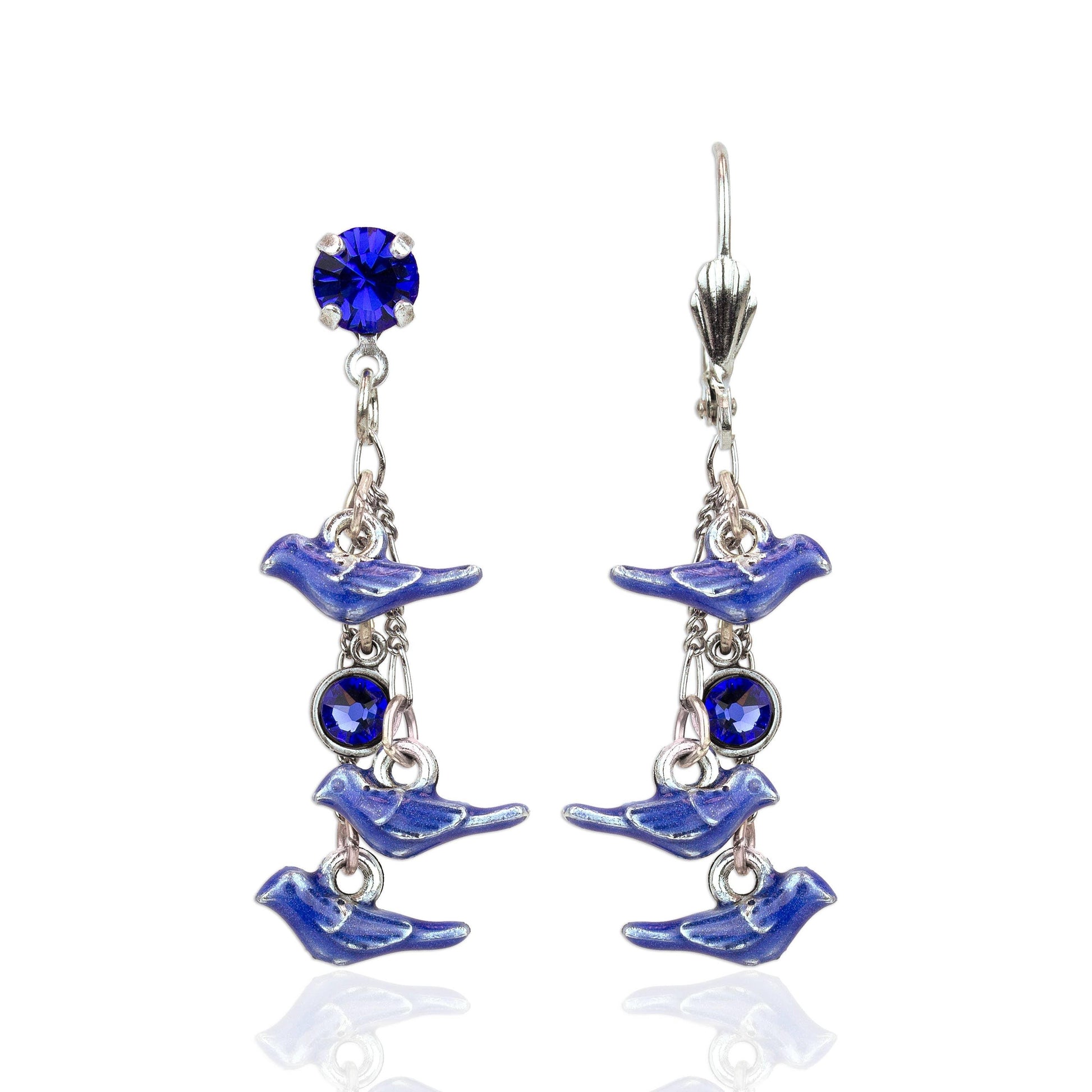 I Flock to You Crystal Blue Bird Earrings: Leverback - Sugar River Shoppe