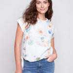 Printed Round Neck Jersey Linen Combo Front Tie T-Shirt - Sugar River Shoppe