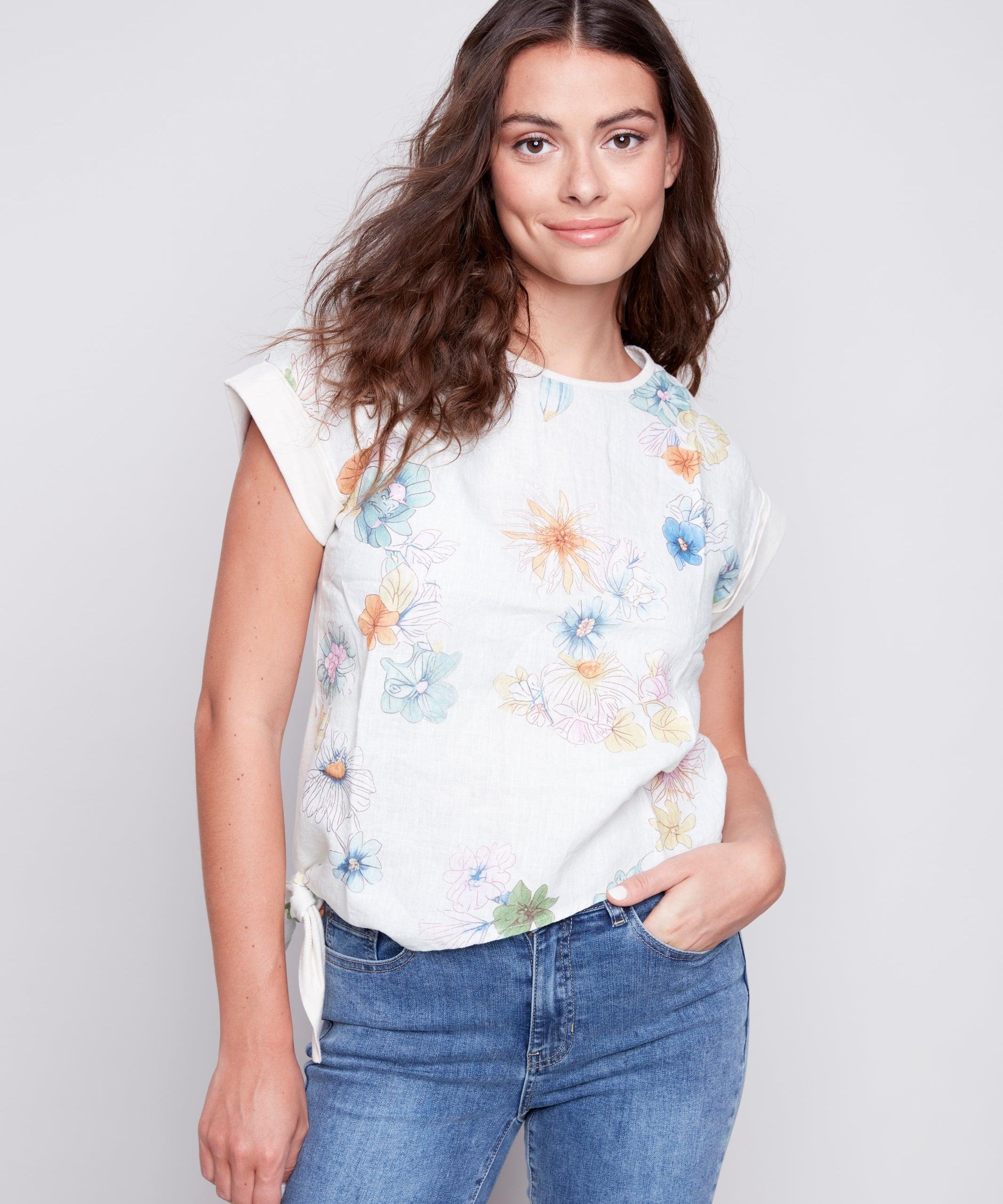 Printed Round Neck Jersey Linen Combo Front Tie T-Shirt - Sugar River Shoppe
