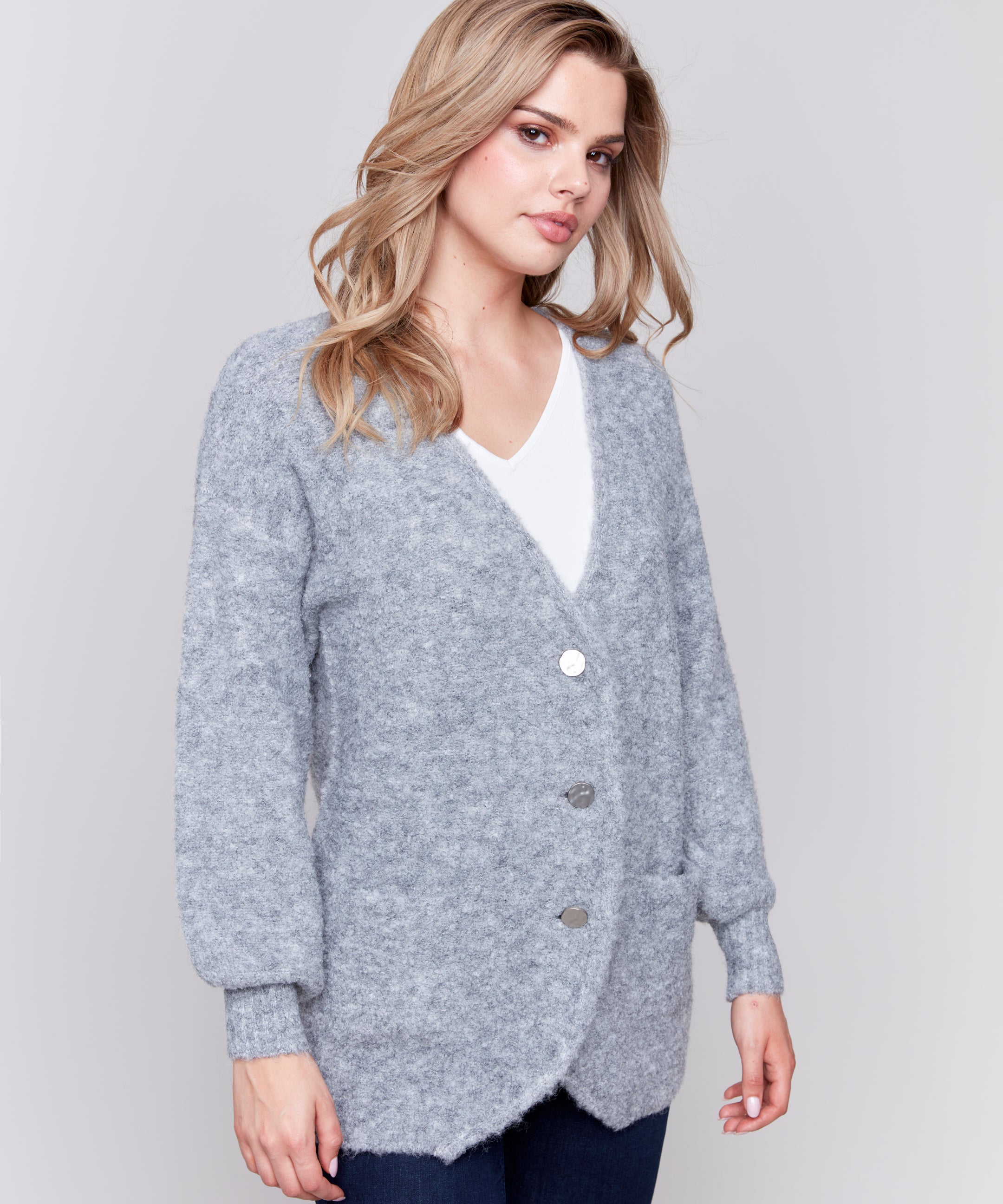 Boucle Knit Long Cardigan With Front Button - Sugar River Shoppe