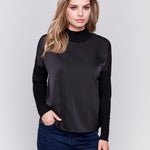 Mock-Neck Satin-Knit Combo Top With Front Seam Detail And Rib Cuffs - Sugar River Shoppe