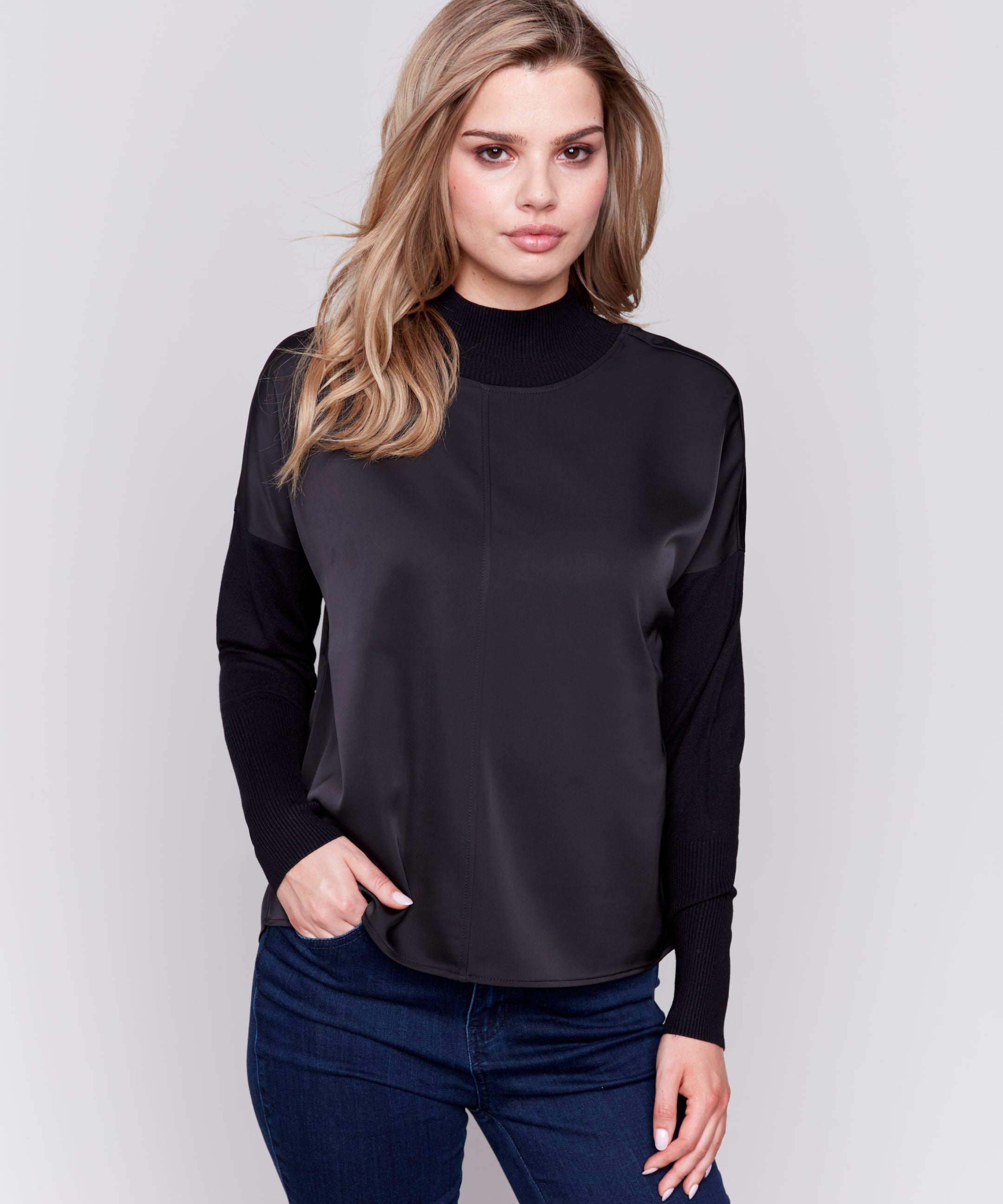 Mock-Neck Satin-Knit Combo Top With Front Seam Detail And Rib Cuffs - Sugar River Shoppe