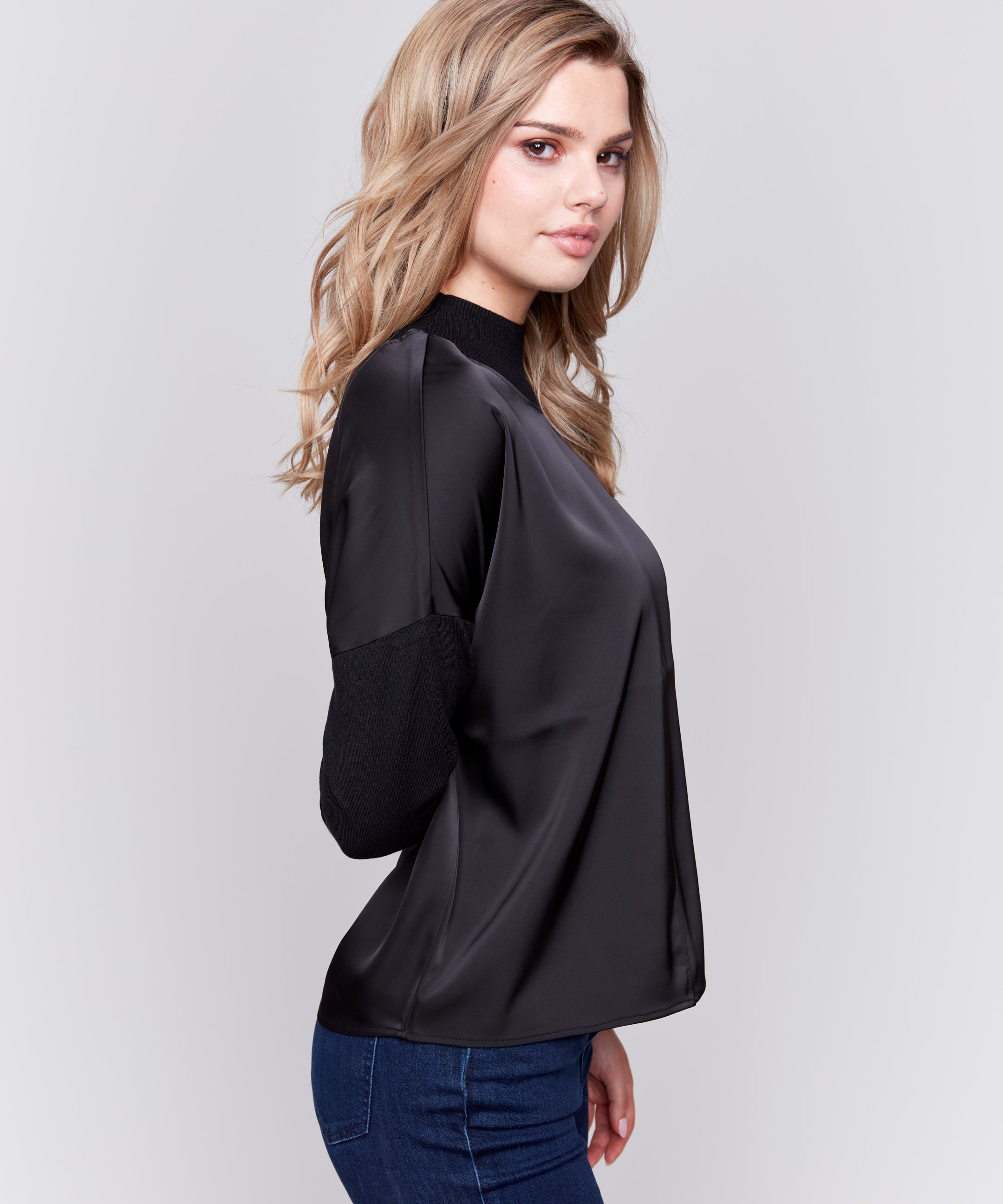 Mock-Neck Satin-Knit Combo Top With Front Seam Detail And Rib Cuffs - Sugar River Shoppe