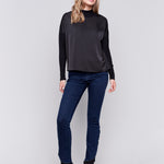 Mock-Neck Satin-Knit Combo Top With Front Seam Detail And Rib Cuffs - Sugar River Shoppe