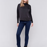 Mock-Neck Satin-Knit Combo Top With Front Seam Detail And Rib Cuffs - Sugar River Shoppe