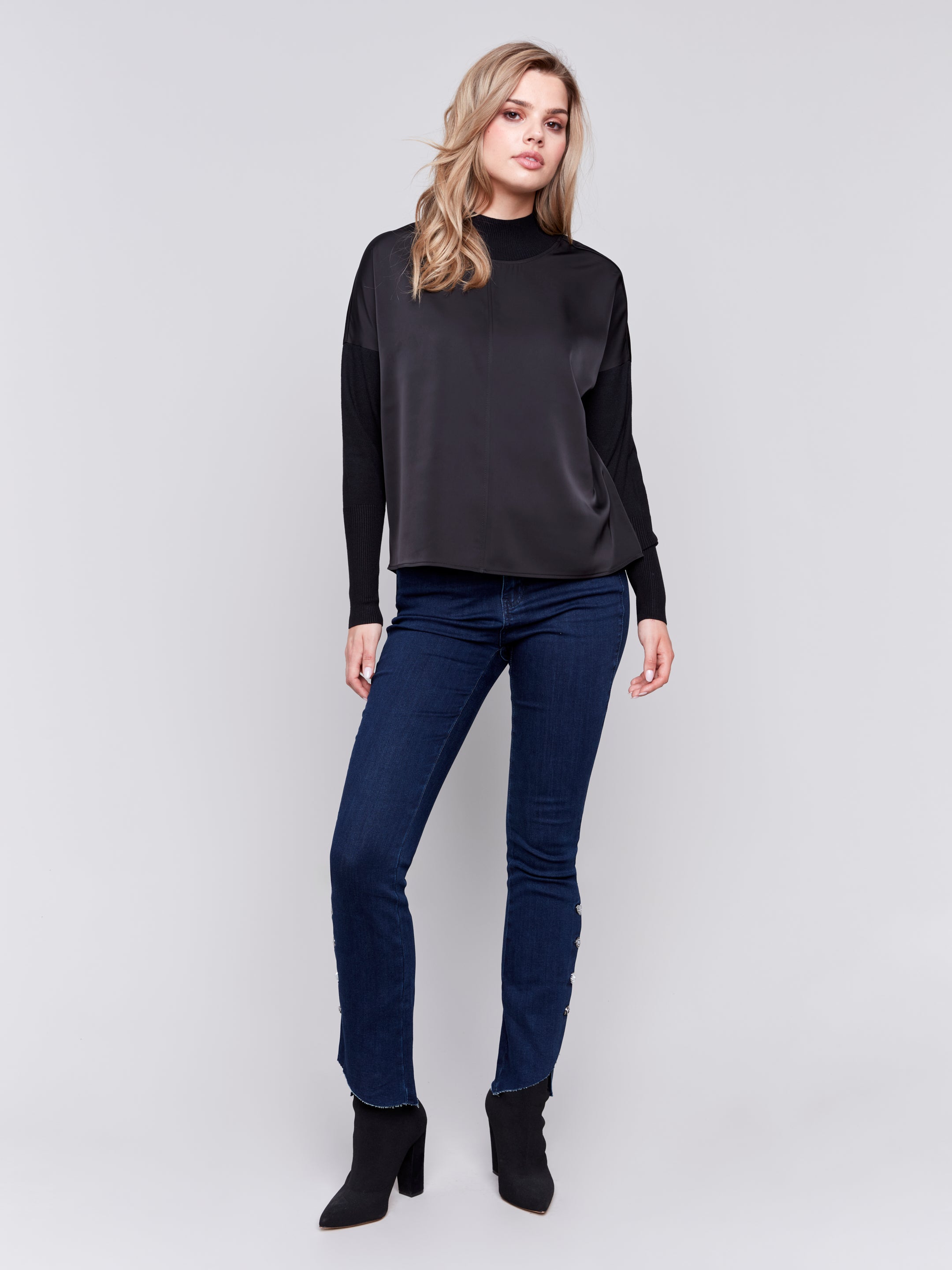 Mock-Neck Satin-Knit Combo Top With Front Seam Detail And Rib Cuffs - Sugar River Shoppe