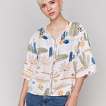 Printed 3/4 Wide Sleeve Blouse with Ladder Stitch Detail - Sugar River Shoppe