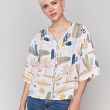Printed 3/4 Wide Sleeve Blouse with Ladder Stitch Detail - Sugar River Shoppe