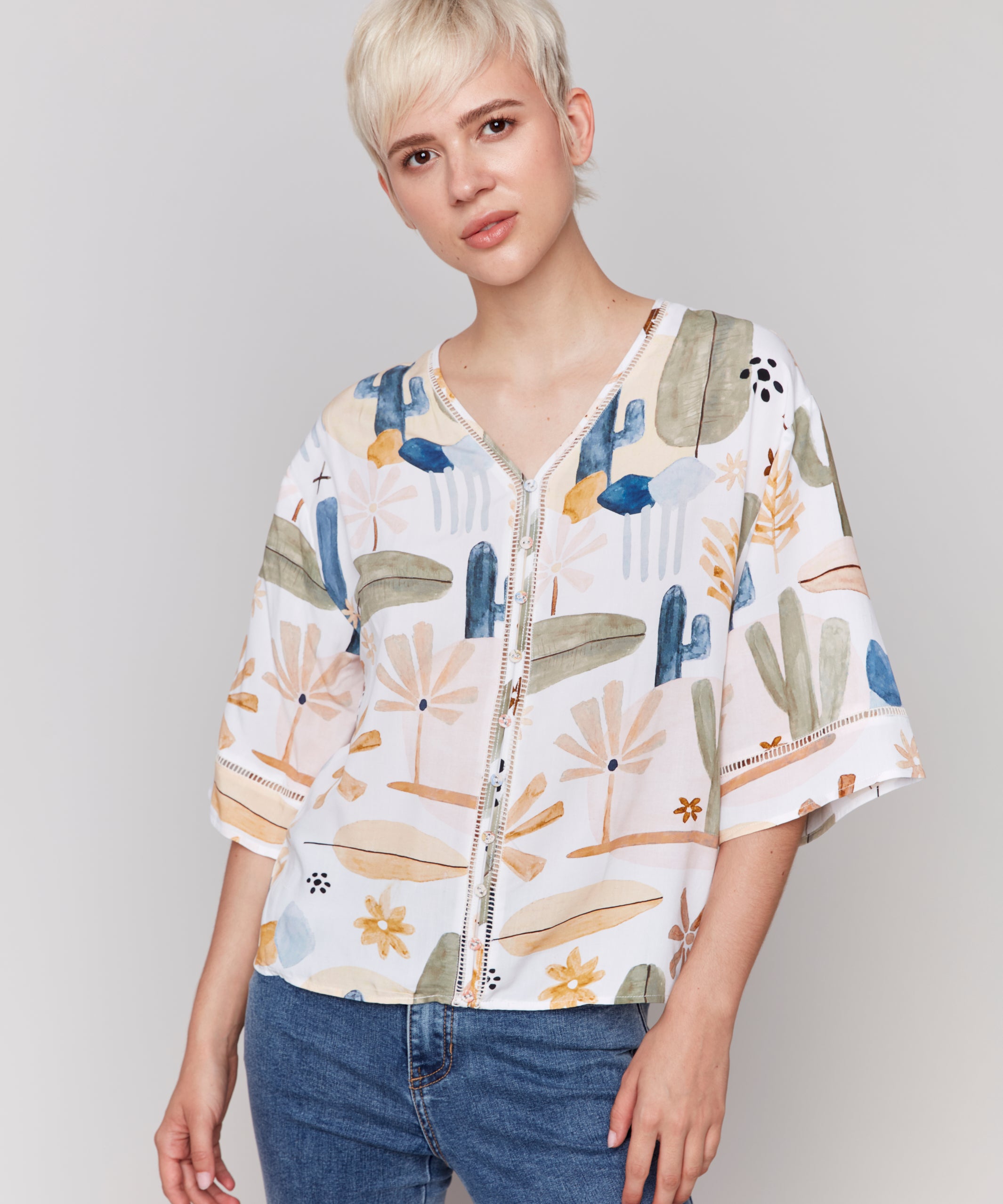 Printed 3/4 Wide Sleeve Blouse with Ladder Stitch Detail - Sugar River Shoppe