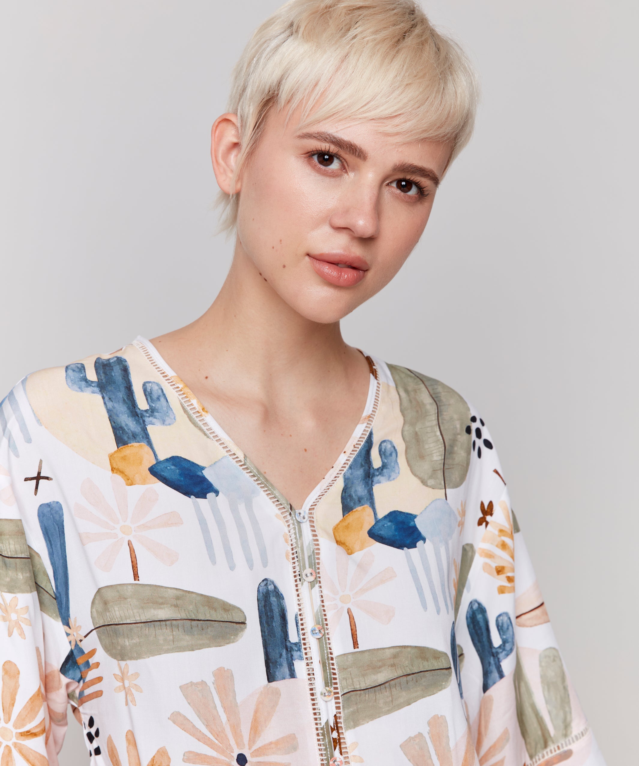 Printed 3/4 Wide Sleeve Blouse with Ladder Stitch Detail - Sugar River Shoppe