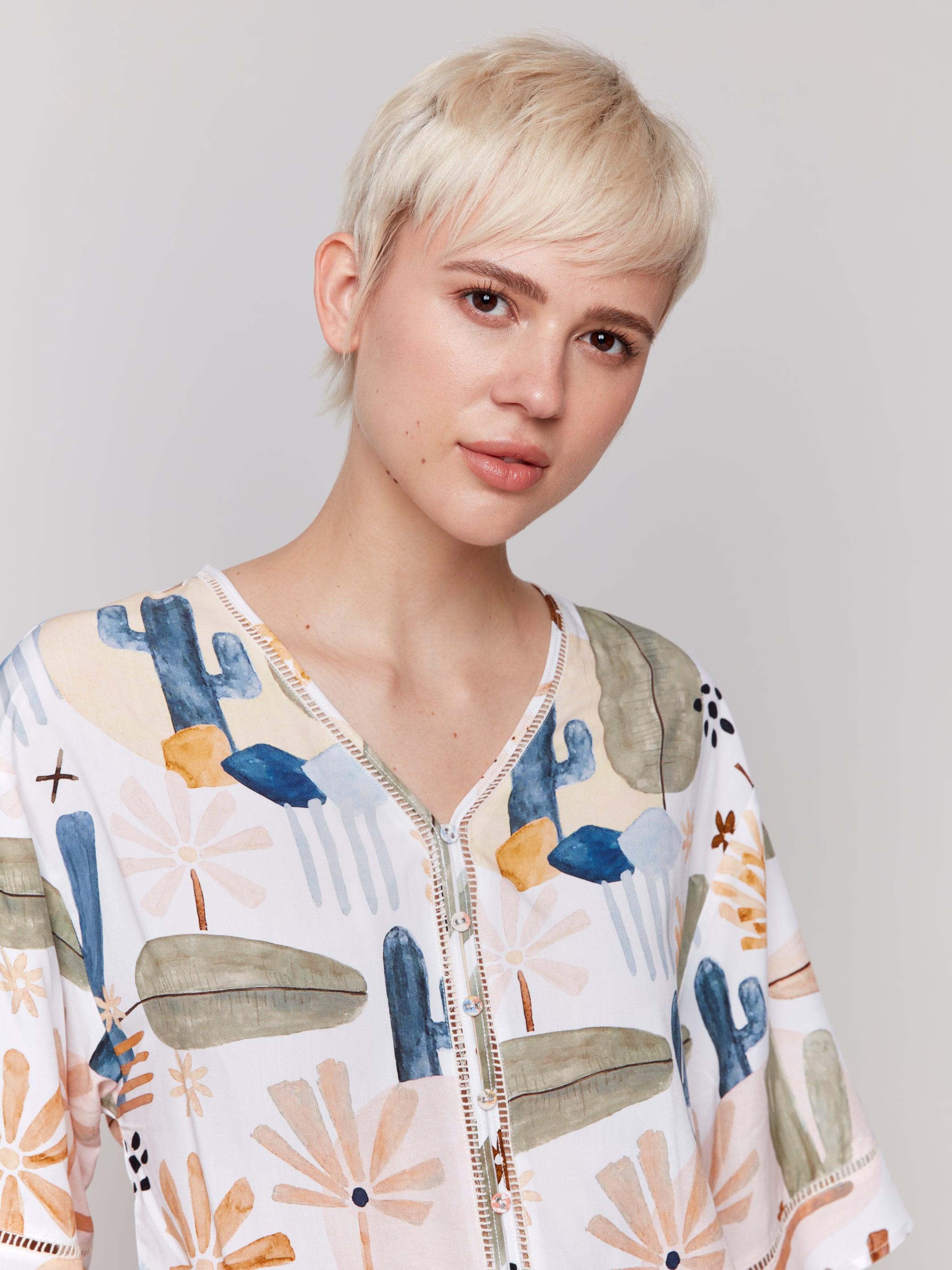 Printed 3/4 Wide Sleeve Blouse with Ladder Stitch Detail - Sugar River Shoppe