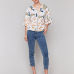 Printed 3/4 Wide Sleeve Blouse with Ladder Stitch Detail - Sugar River Shoppe