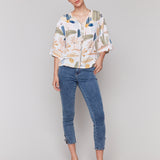 Printed 3/4 Wide Sleeve Blouse with Ladder Stitch Detail - Sugar River Shoppe