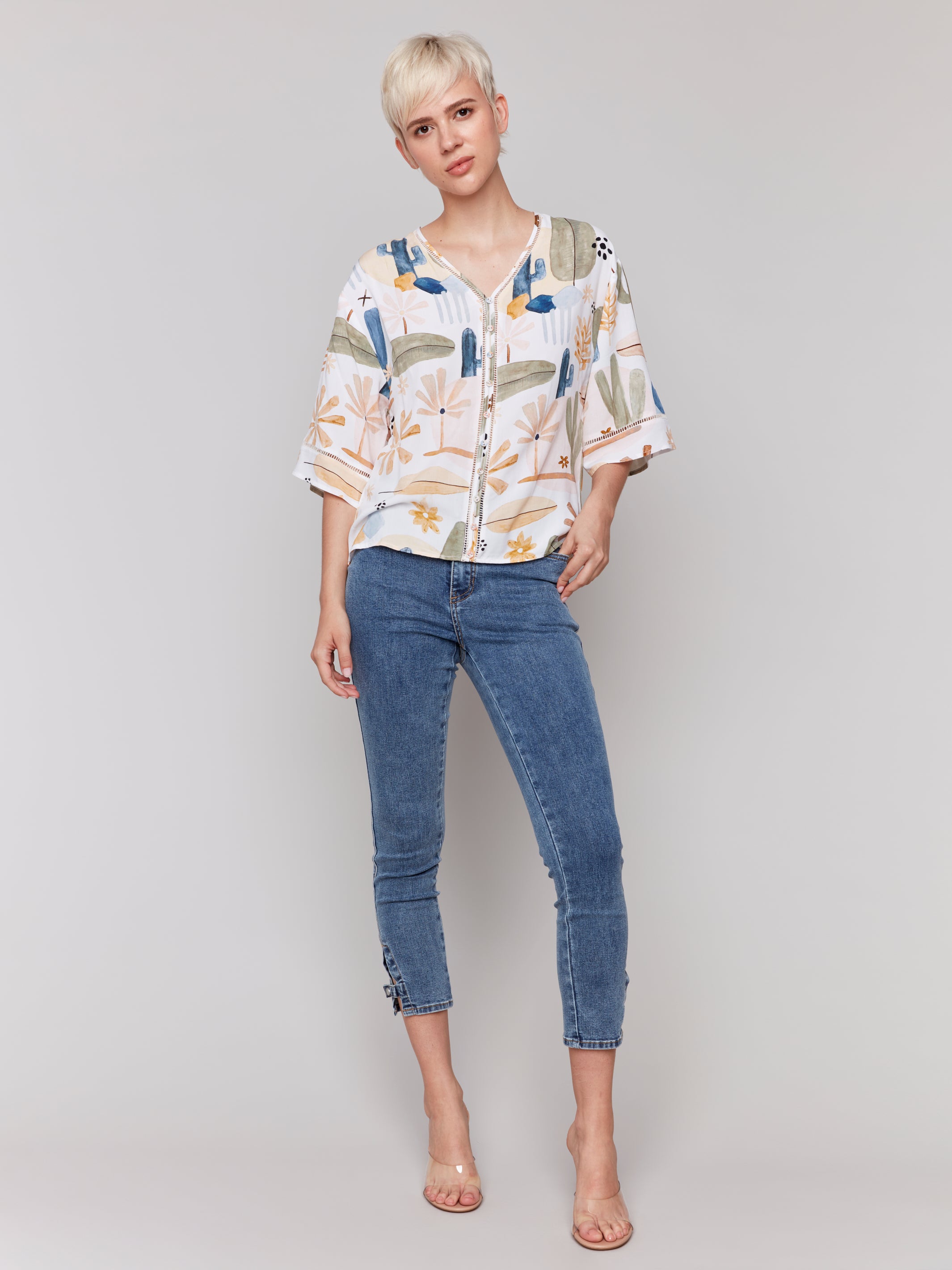 Printed 3/4 Wide Sleeve Blouse with Ladder Stitch Detail - Sugar River Shoppe