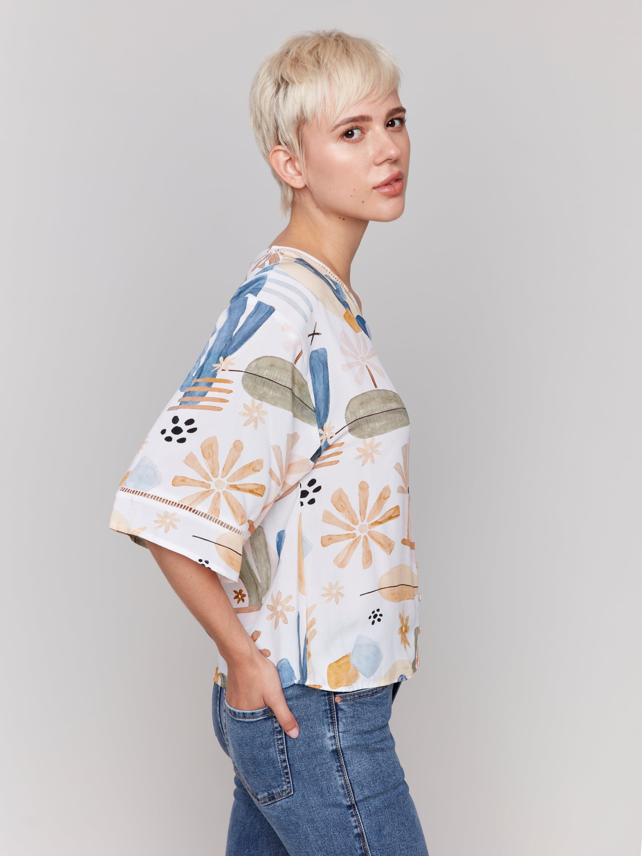 Printed 3/4 Wide Sleeve Blouse with Ladder Stitch Detail - Sugar River Shoppe