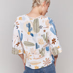 Printed 3/4 Wide Sleeve Blouse with Ladder Stitch Detail - Sugar River Shoppe