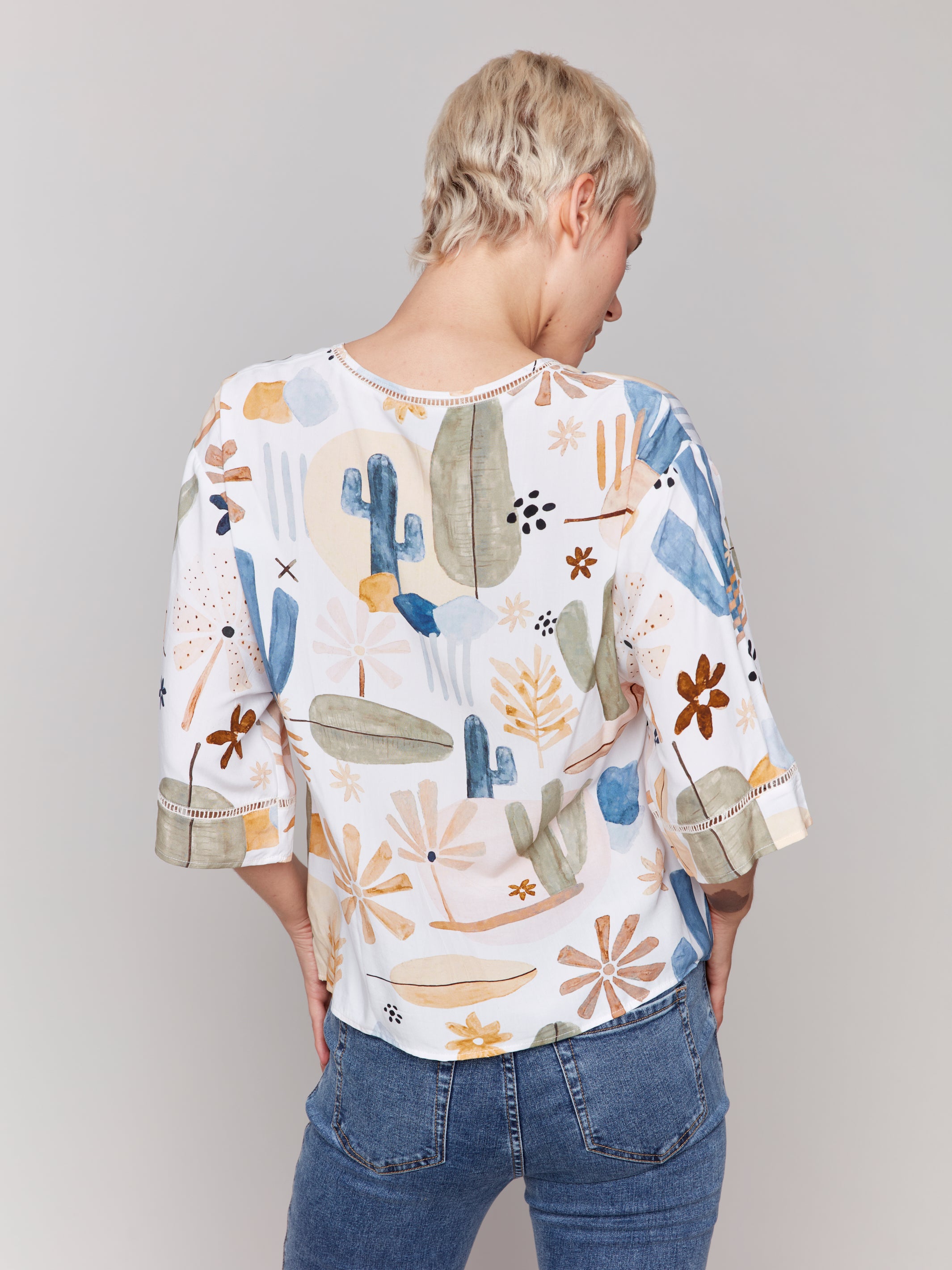 Printed 3/4 Wide Sleeve Blouse with Ladder Stitch Detail - Sugar River Shoppe