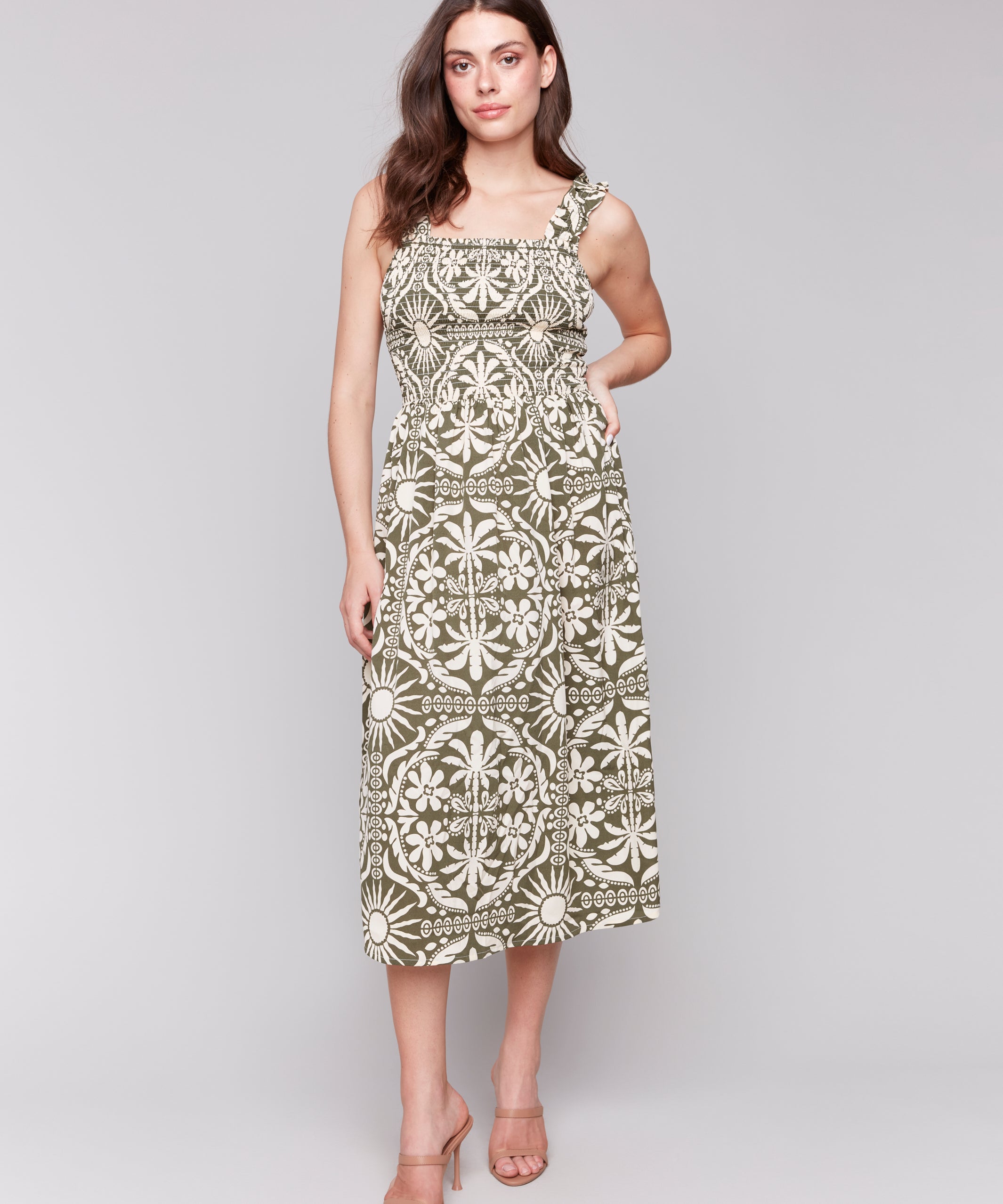 Printed Sleeveless Midi Dress with Shirring Detail - Sugar River Shoppe