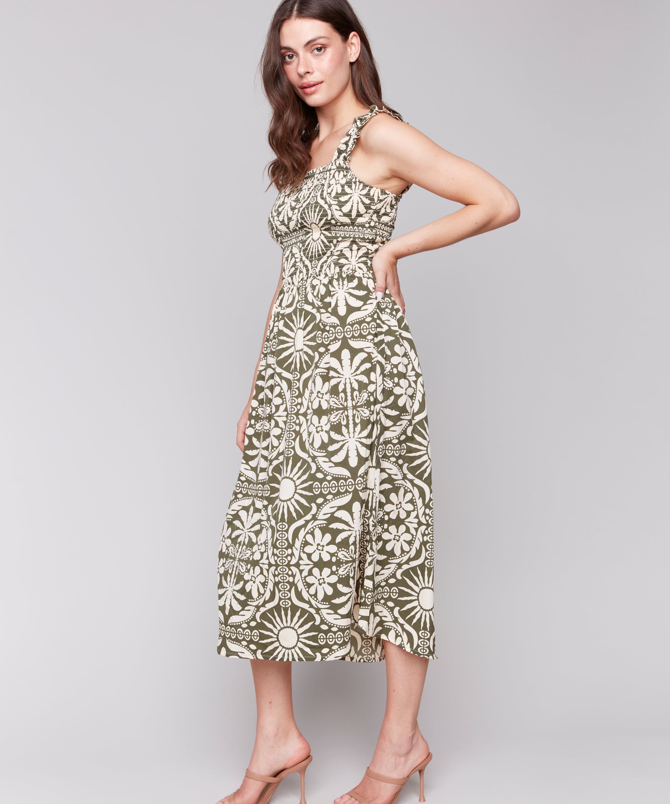 Printed Sleeveless Midi Dress with Shirring Detail - Sugar River Shoppe