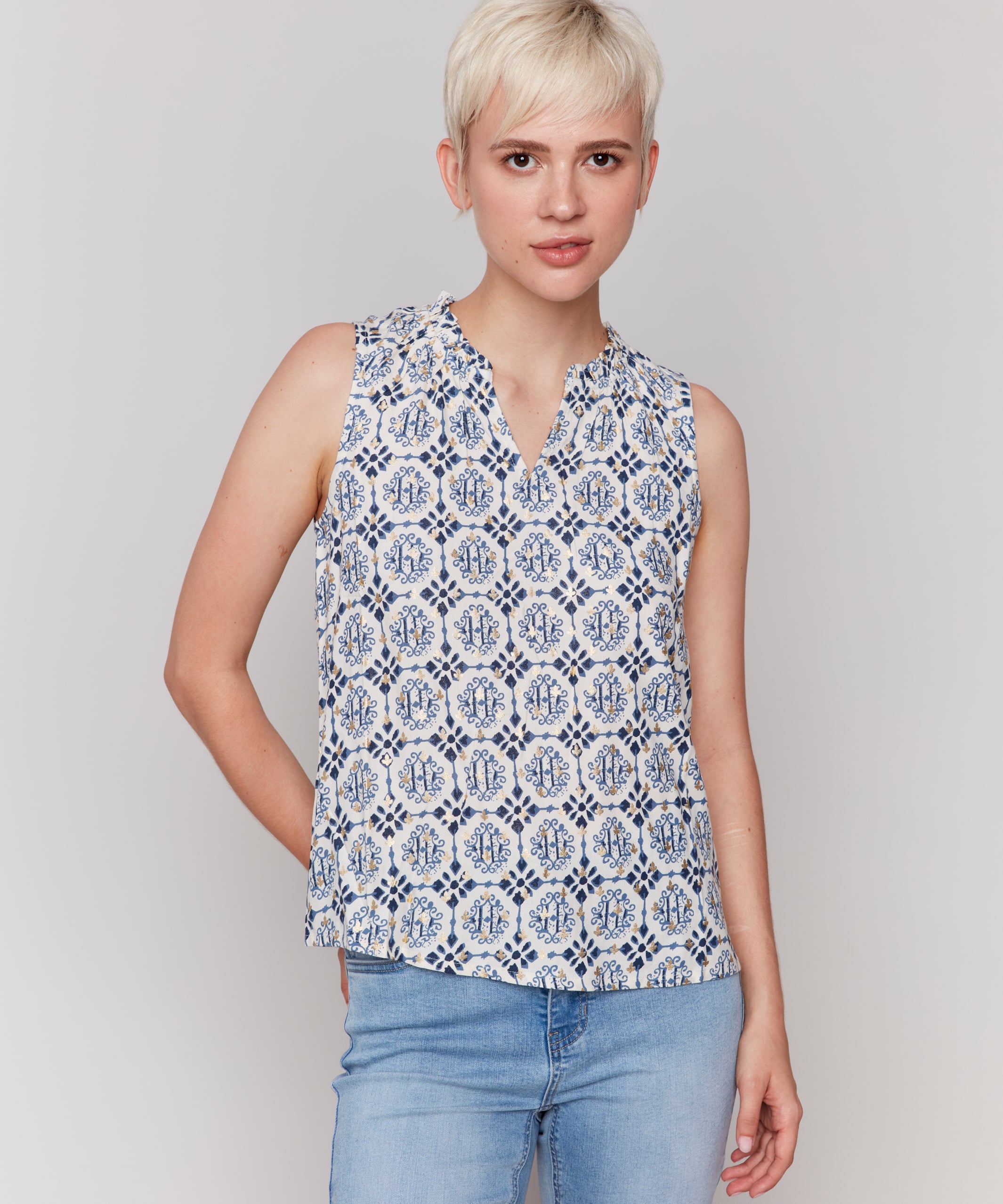 Printed Sleeveless Ruffle Neck Top - Sugar River Shoppe