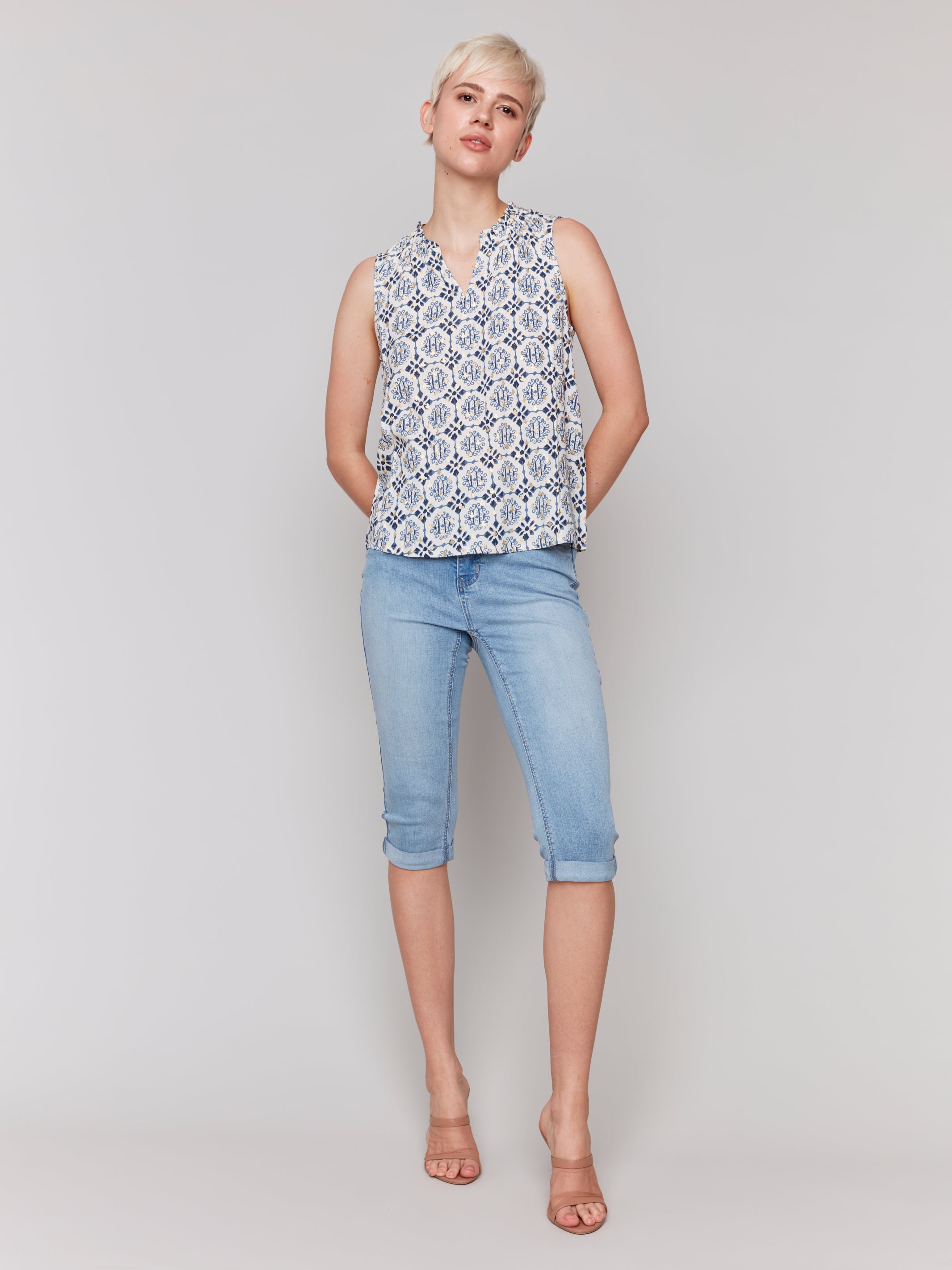 Printed Sleeveless Ruffle Neck Top - Sugar River Shoppe