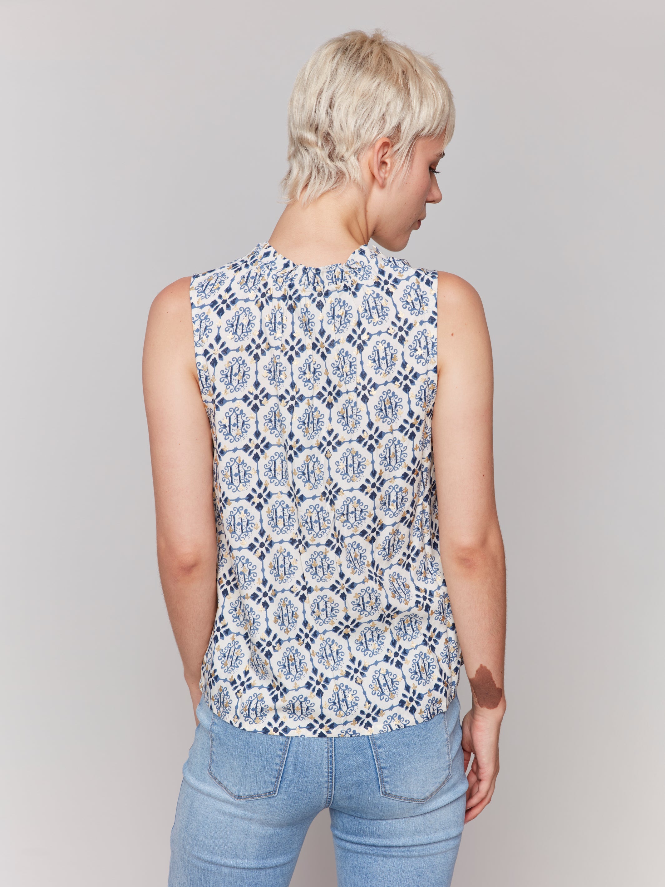 Printed Sleeveless Ruffle Neck Top - Sugar River Shoppe