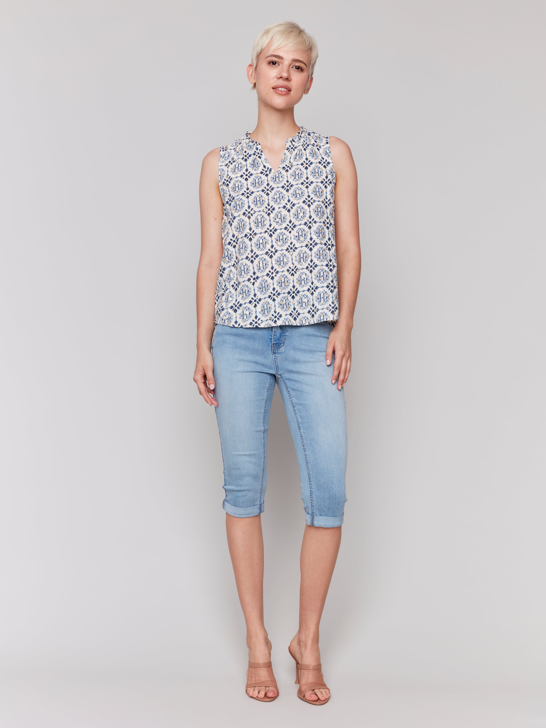 Printed Sleeveless Ruffle Neck Top - Sugar River Shoppe