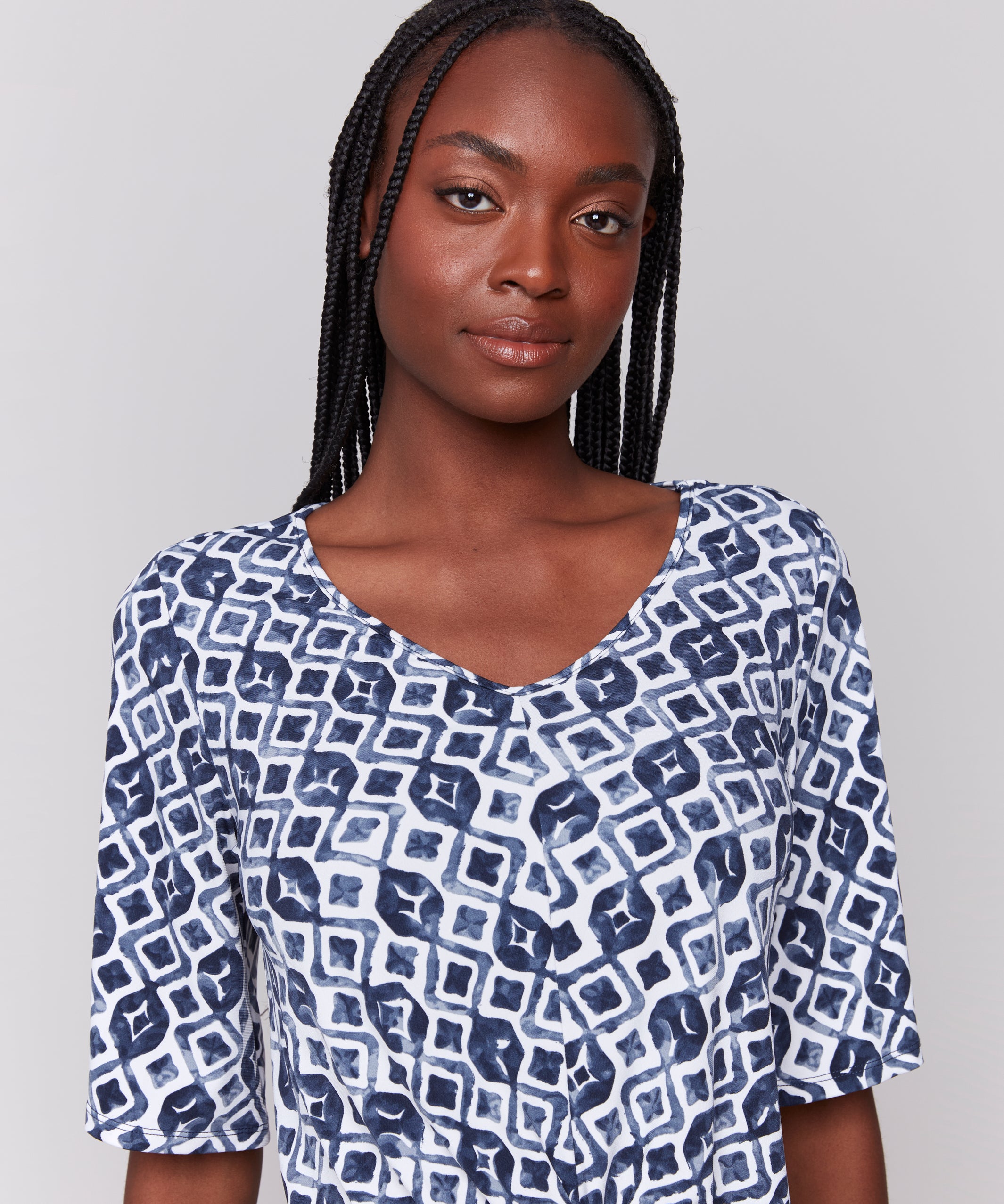 Printed V Neck Top With Twist Front - Sugar River Shoppe