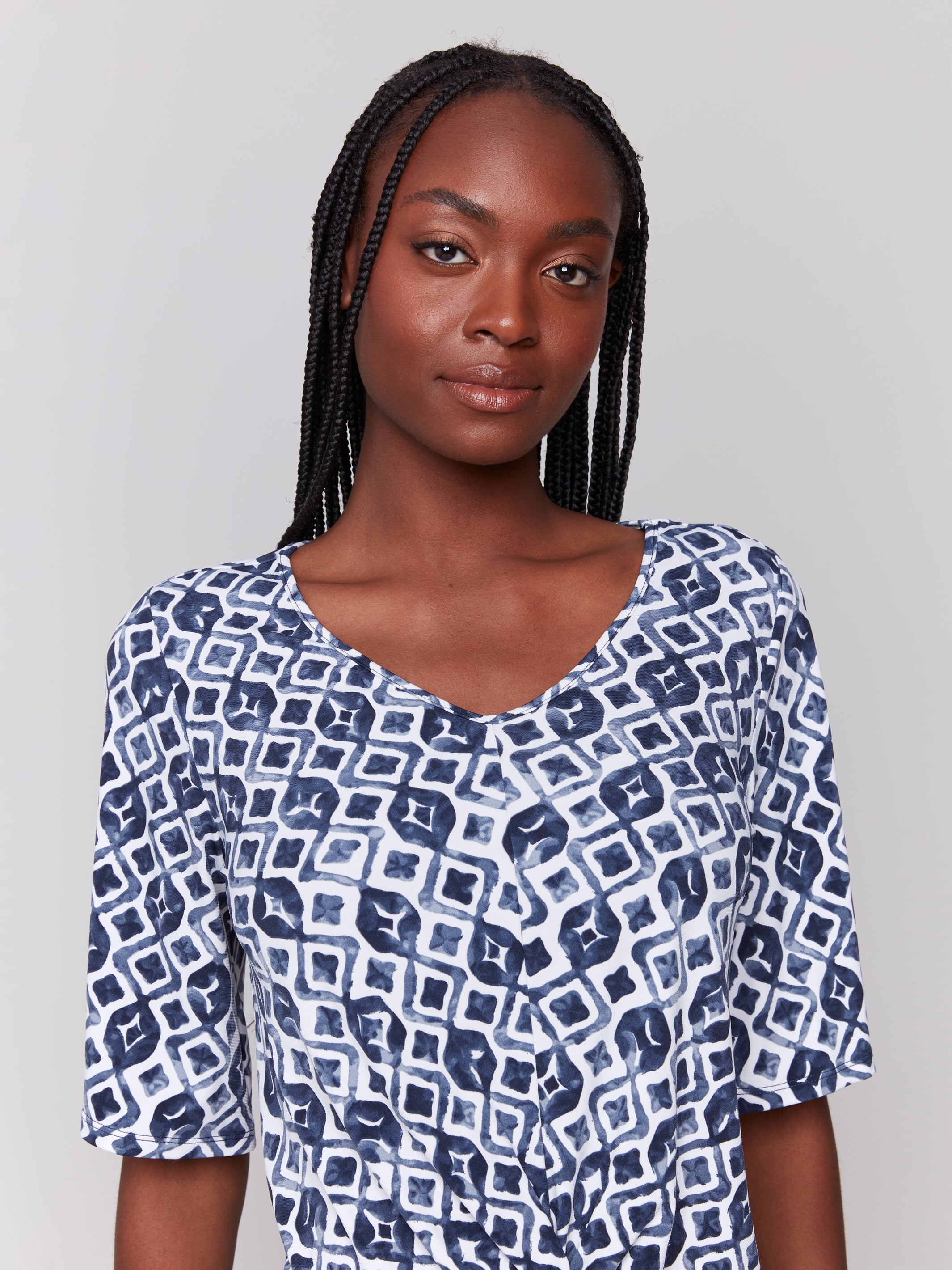 Printed V Neck Top With Twist Front - Sugar River Shoppe